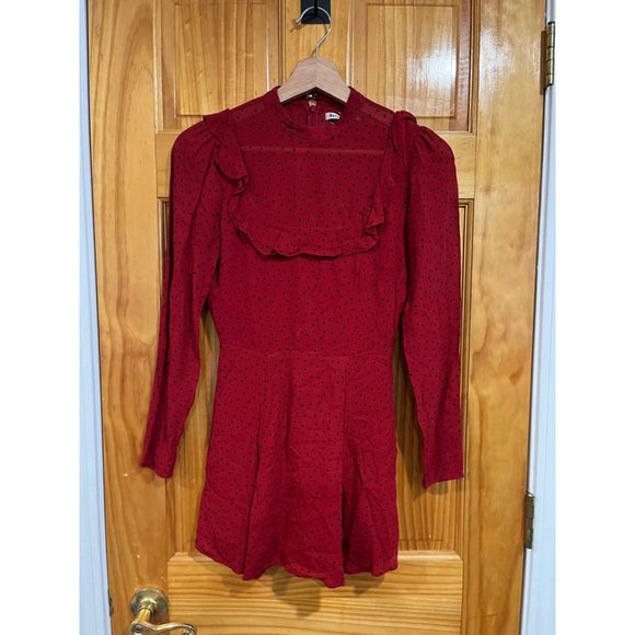 Women’s Reformation Black Polka Dot Red Spark Long Sleeve Mini Dress Size 0 - Picture 2 of 7